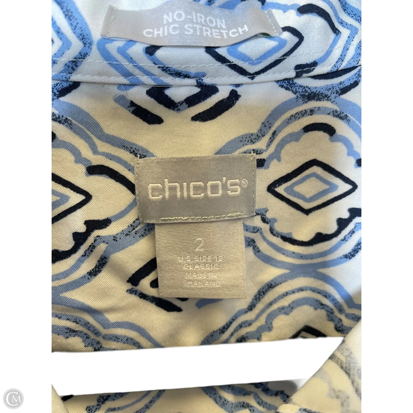 Blouse Long Sleeve By Chicos In Blue & White, Size: L