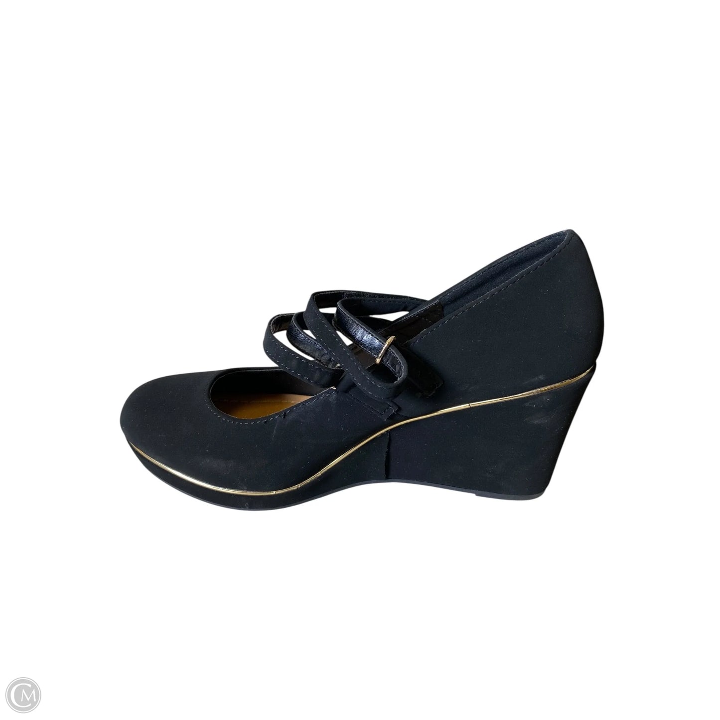 Shoes Heels Wedge By Clothes Mentor In Black & Gold, Size: 9