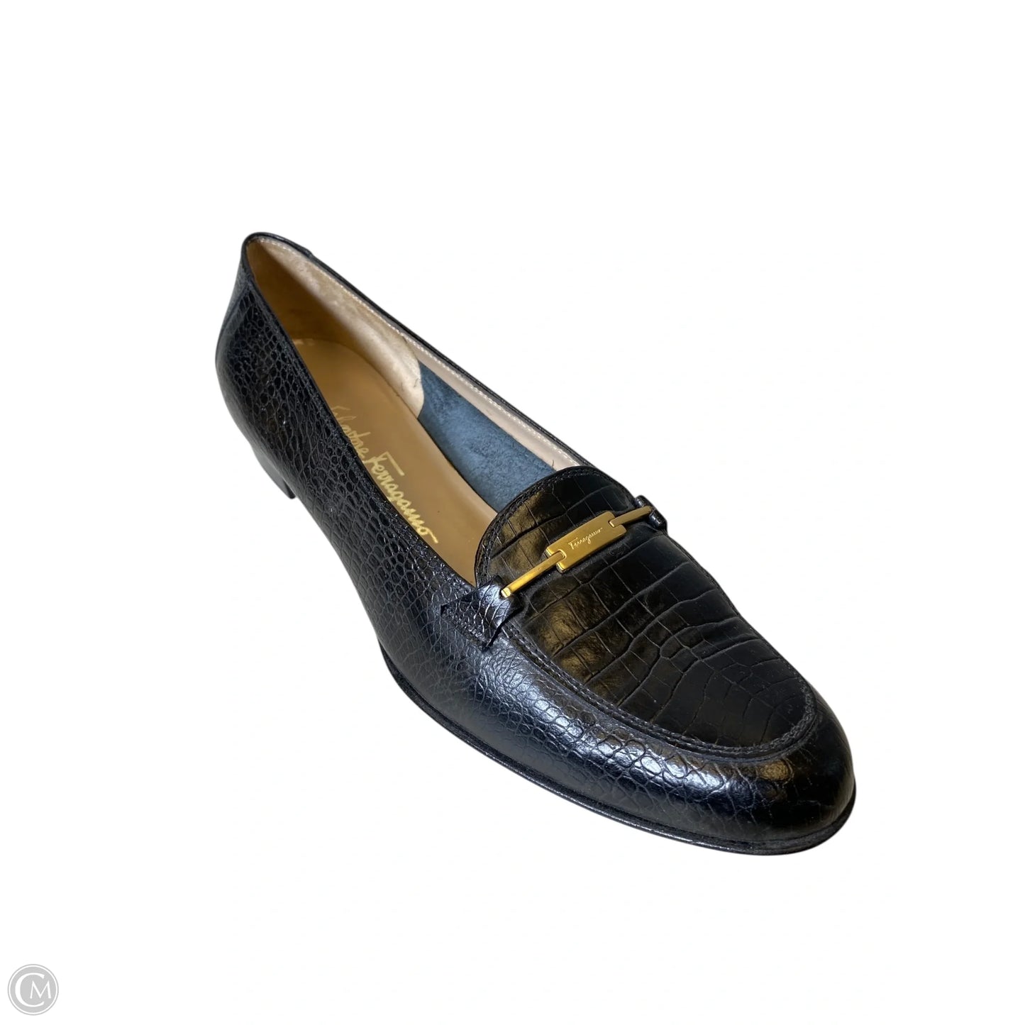 Shoes Luxury Designer By Ferragamo In Black & Gold, Size: 10