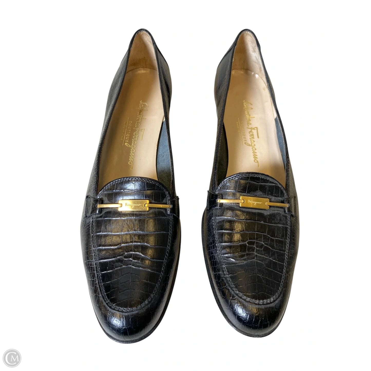 Shoes Luxury Designer By Ferragamo In Black & Gold, Size: 10