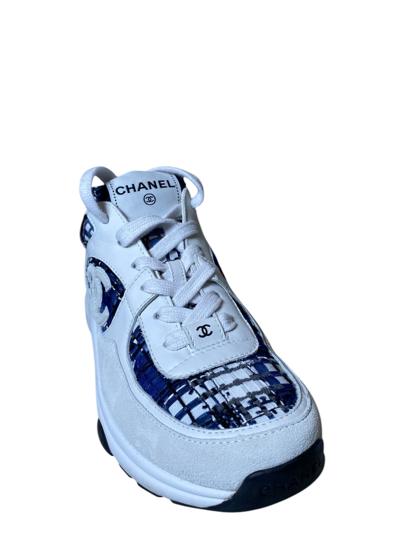 Shoes Luxury Designer By Chanel In Blue & White, Size: 9