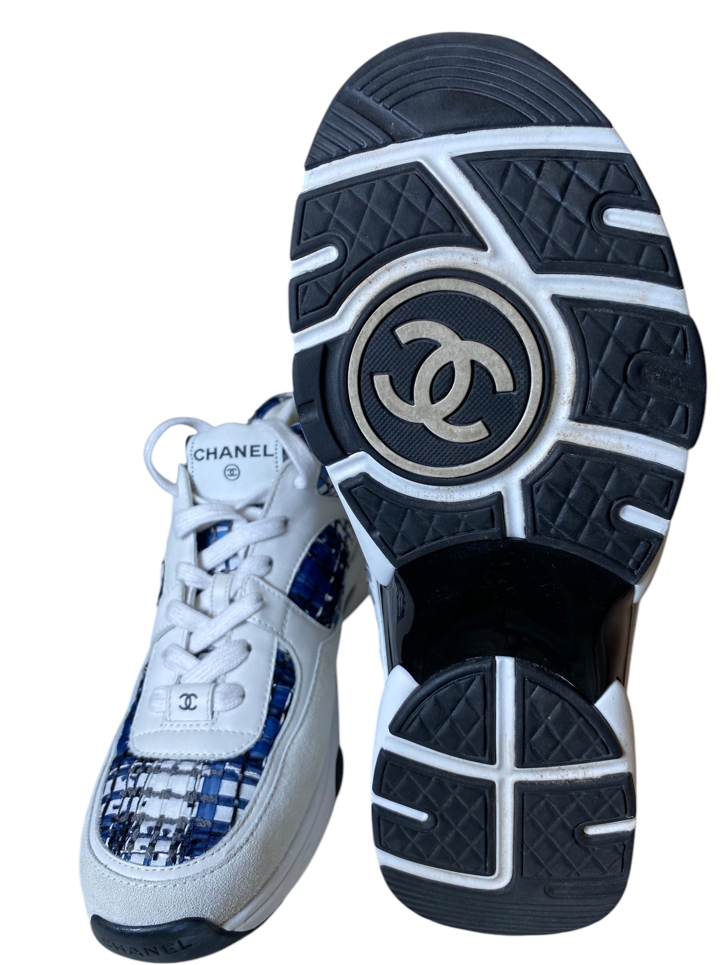 Shoes Luxury Designer By Chanel In Blue & White, Size: 9