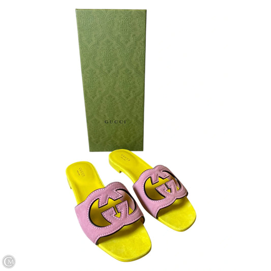 Sandals Luxury Designer By Gucci In Pink & Yellow, Size: 38.5