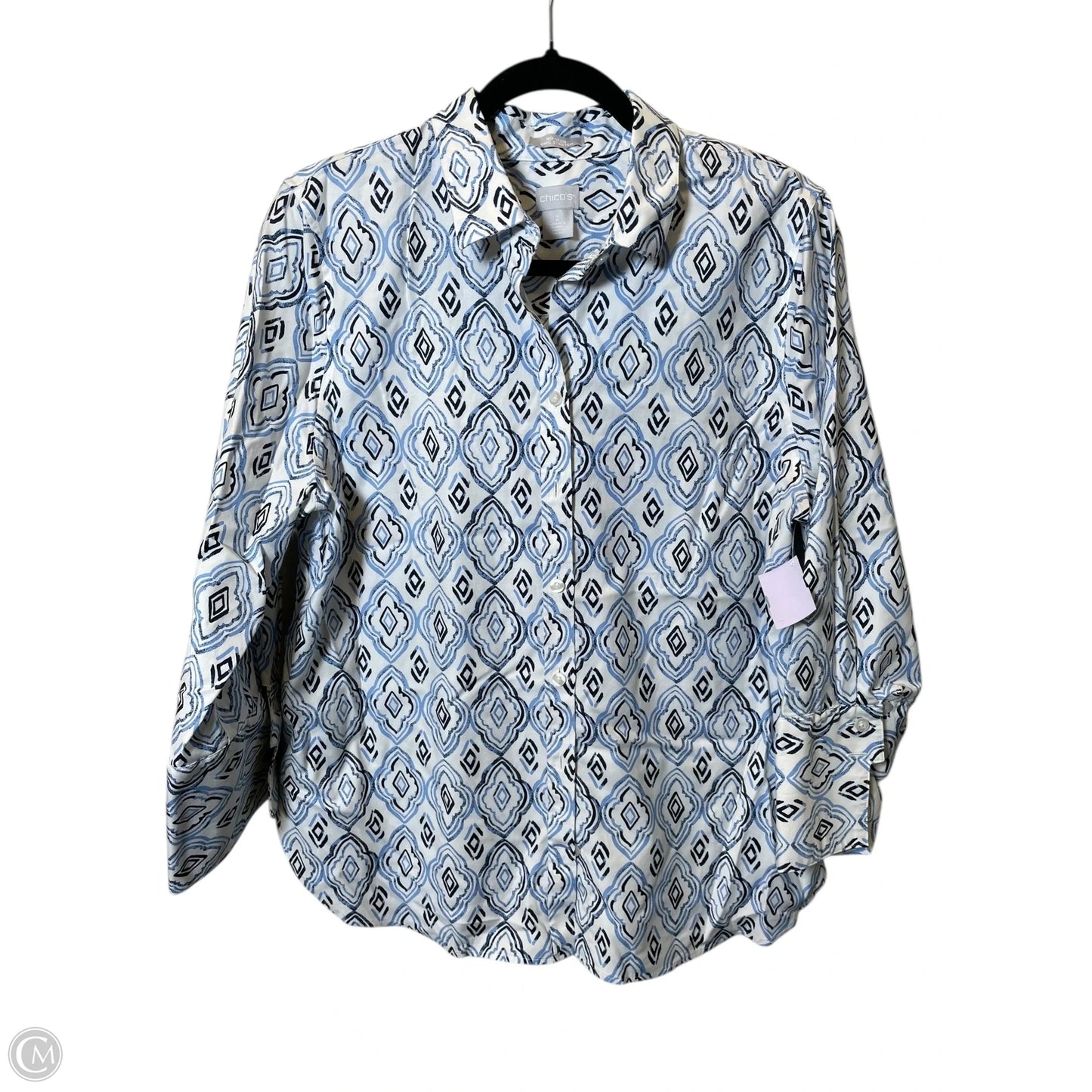 Blouse Long Sleeve By Chicos In Blue & White, Size: L