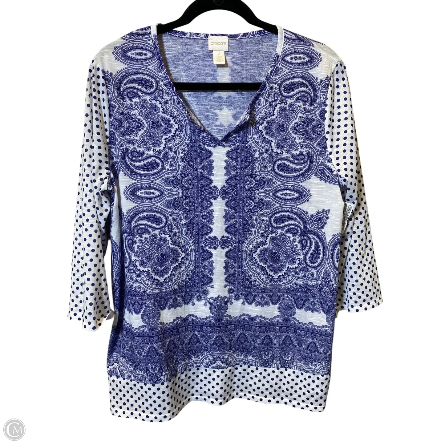 Top 3/4 Sleeve By Chicos In Blue & White, Size: L