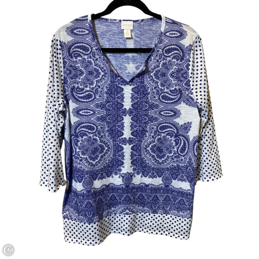 Top 3/4 Sleeve By Chicos In Blue & White, Size: L