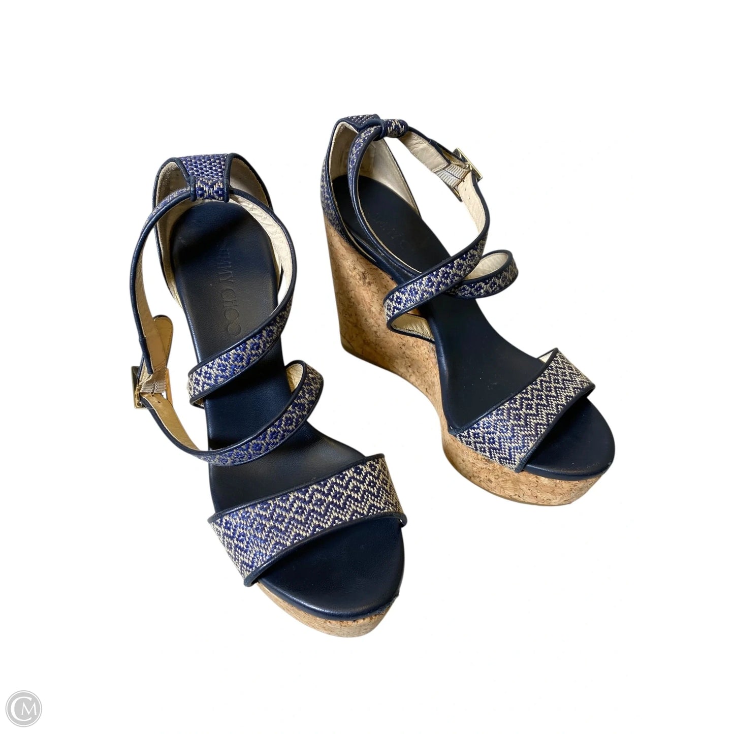 Sandals Luxury Designer By Jimmy Choo In Blue & Tan, Size: 8.5