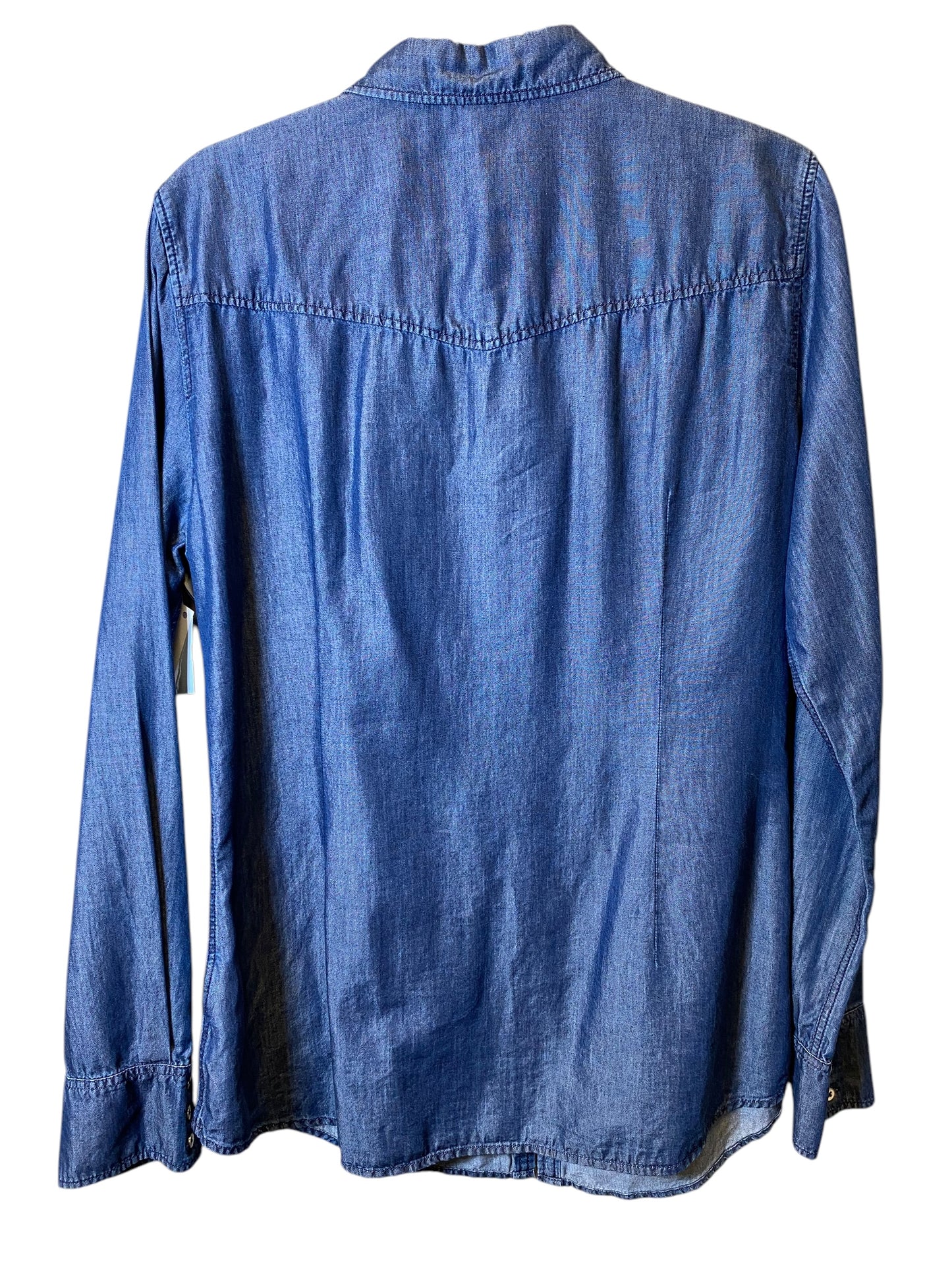 Blouse Designer By Escada In Blue Denim, Size: M