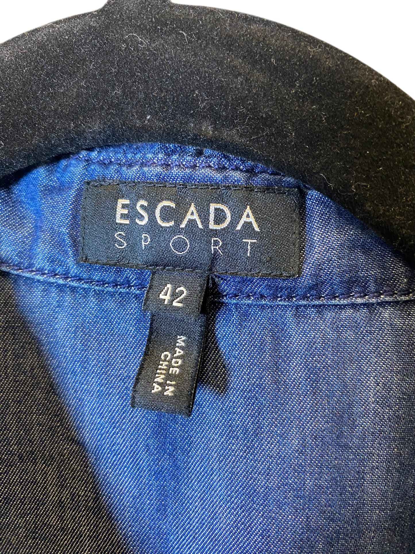 Blouse Designer By Escada In Blue Denim, Size: M