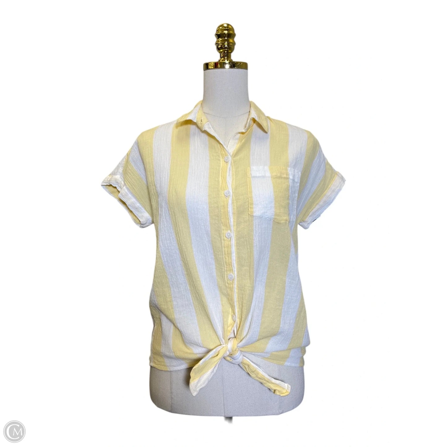 Blouse Short Sleeve By Beachlunchlounge In White & Yellow, Size: Xs