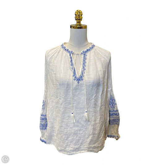 Blouse Long Sleeve By Lucky Brand In Blue & White, Size: L