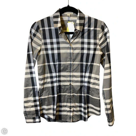 Blouse Luxury Designer By Burberry In Plaid Pattern, Size: 2