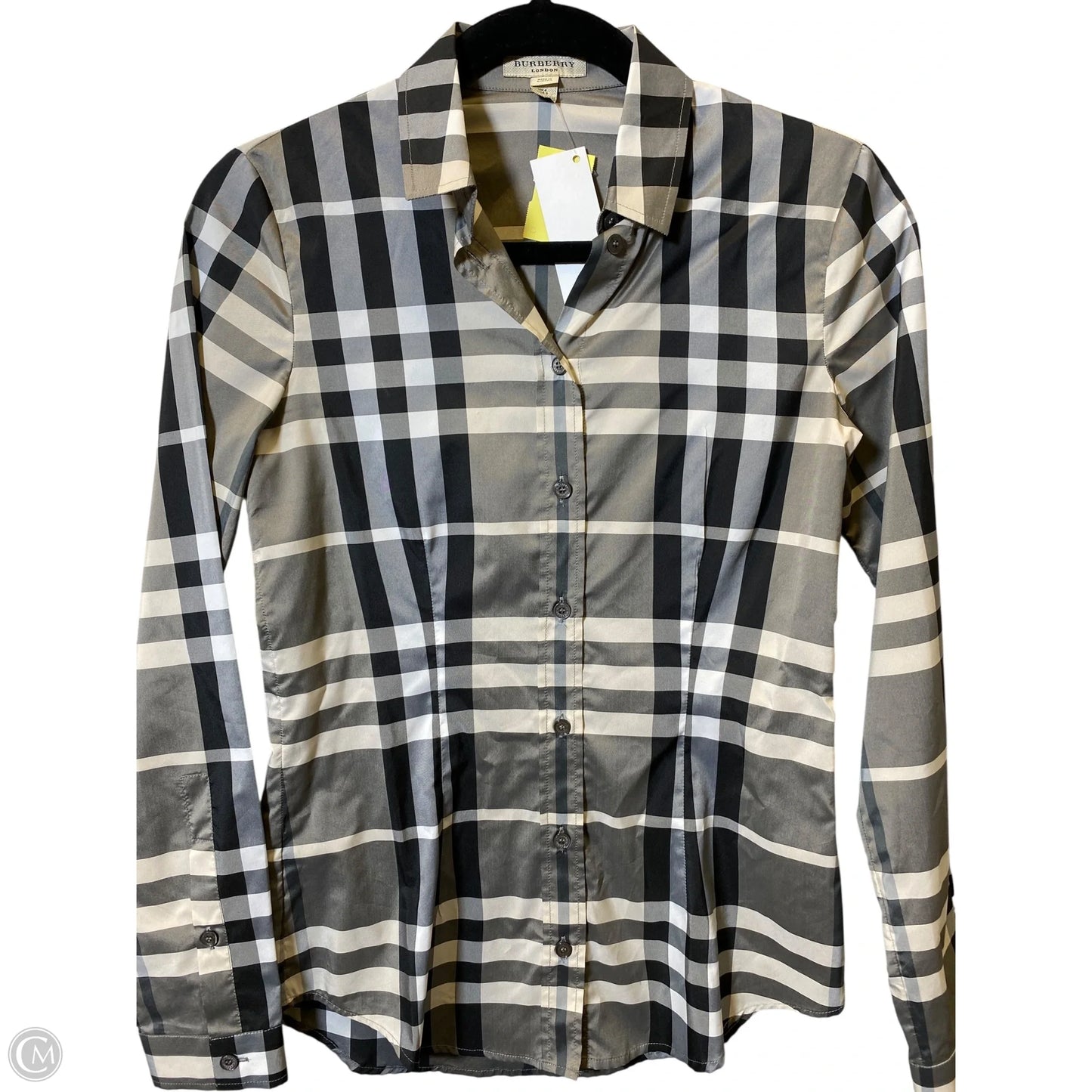 Blouse Luxury Designer By Burberry In Plaid Pattern, Size: 2