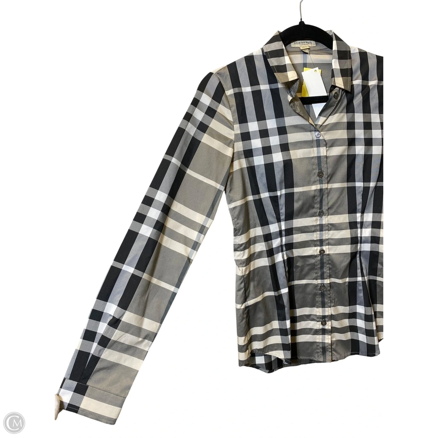 Blouse Luxury Designer By Burberry In Plaid Pattern, Size: 2
