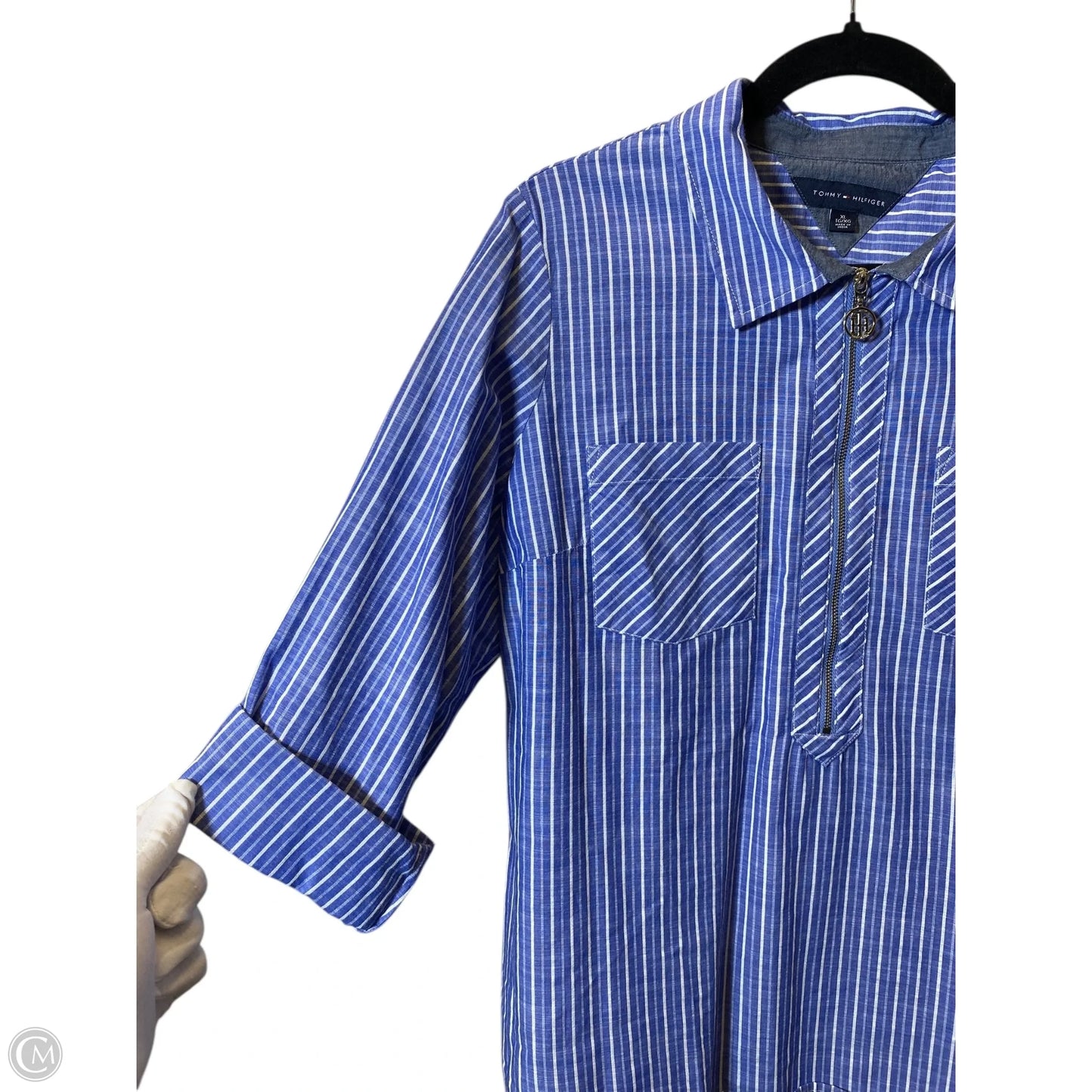 Blouse Long Sleeve By Tommy Hilfiger In Blue & White, Size: Xl