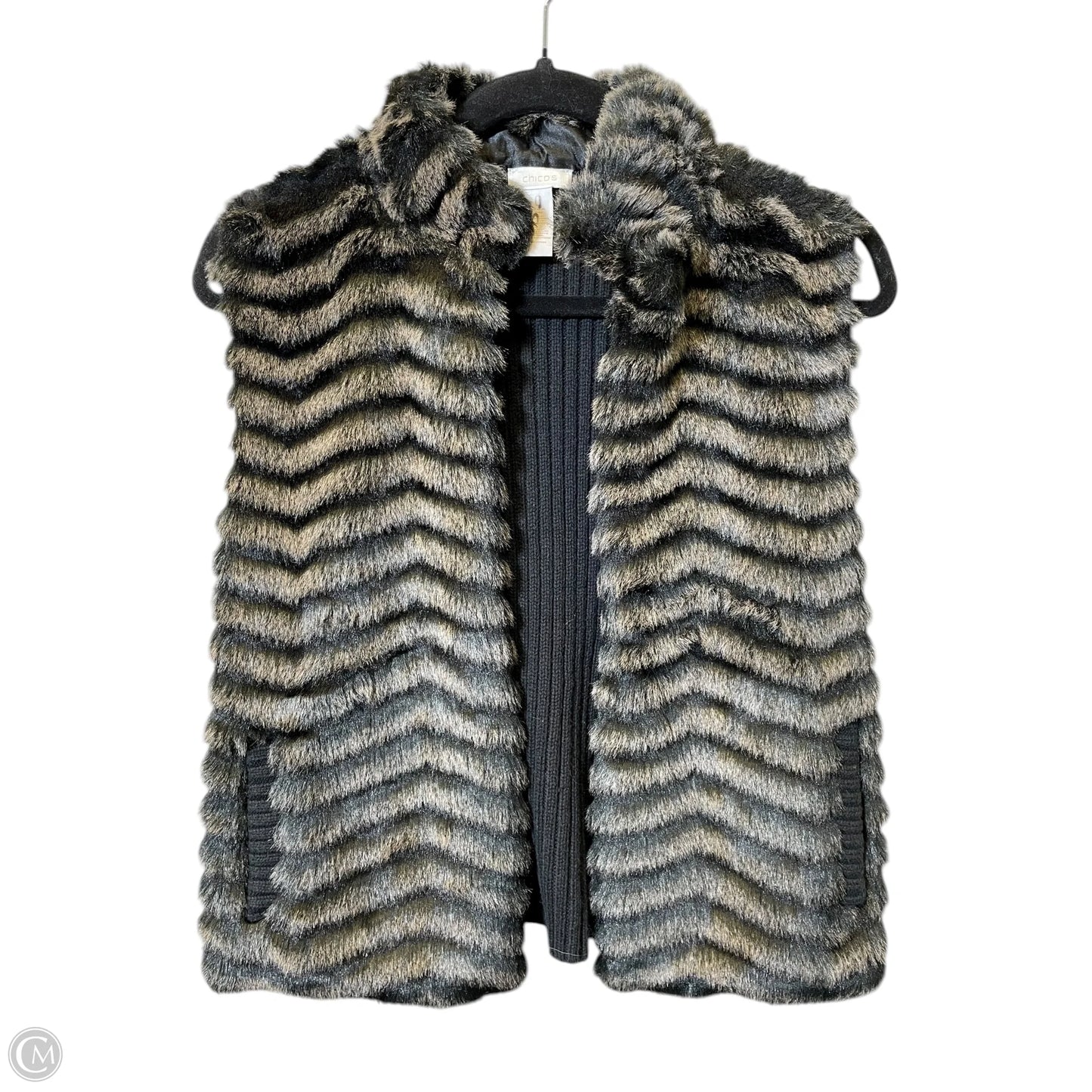 Vest Faux Fur & Sherpa By Chicos In Black & Cream, Size: S