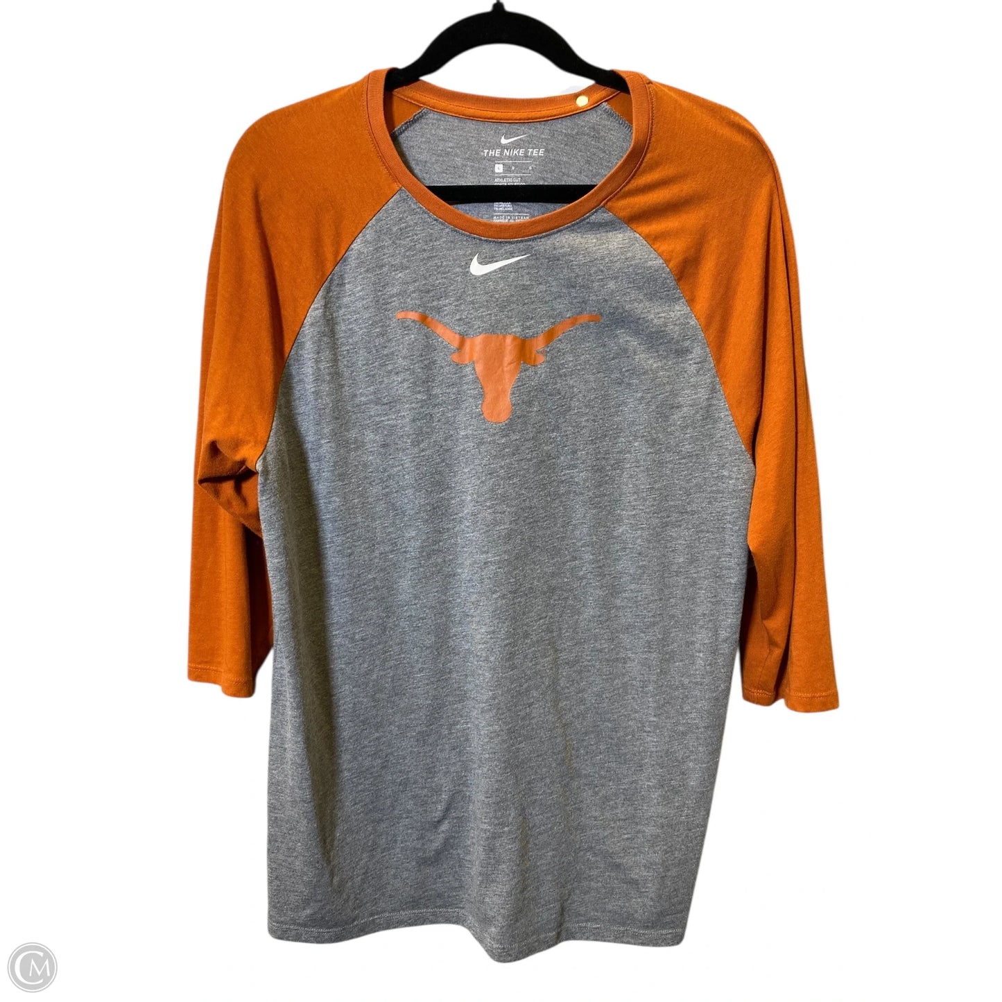 Top 3/4 Sleeve By Nike In Grey & Orange, Size: L