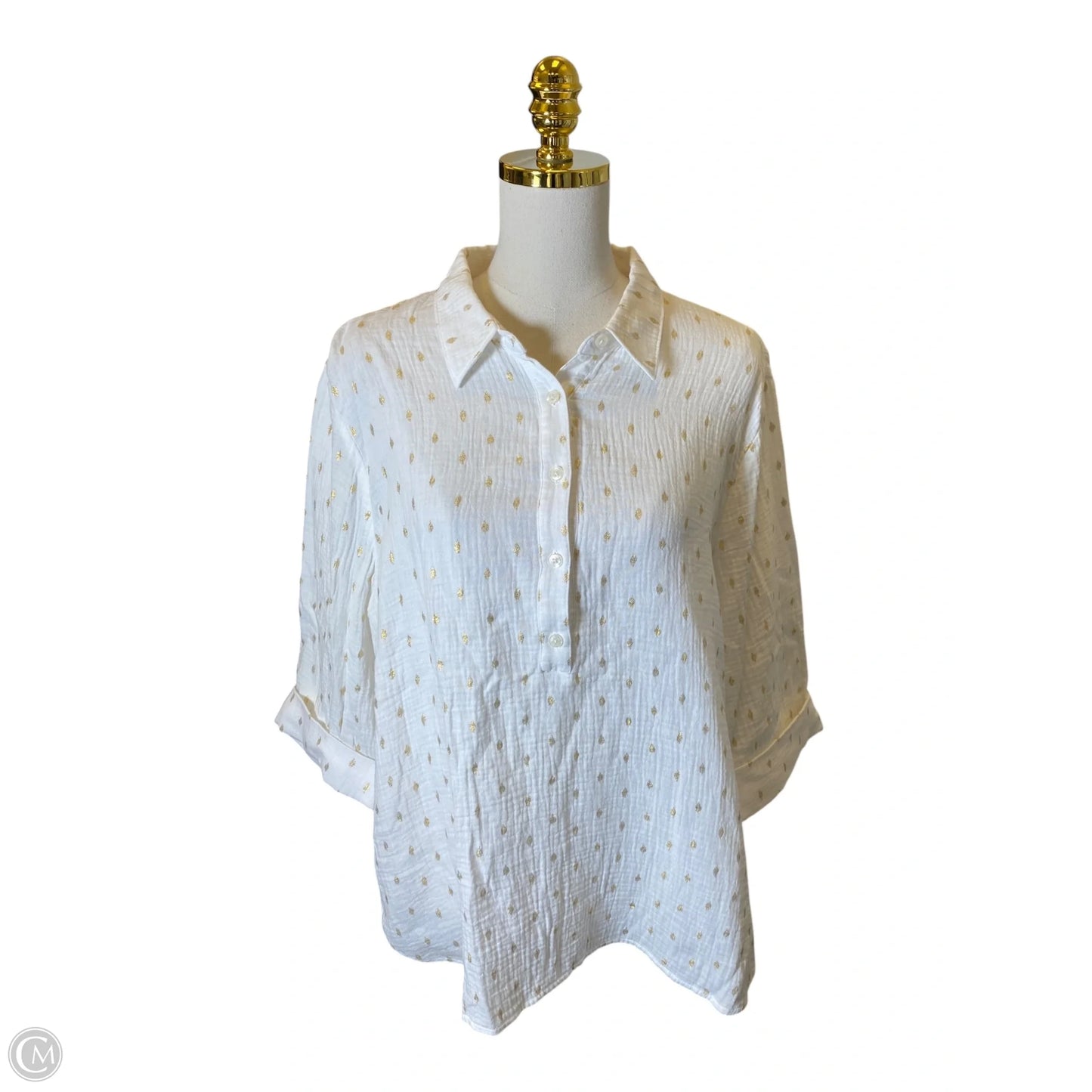 Top 3/4 Sleeve By Chicos In Gold & White, Size: Xl