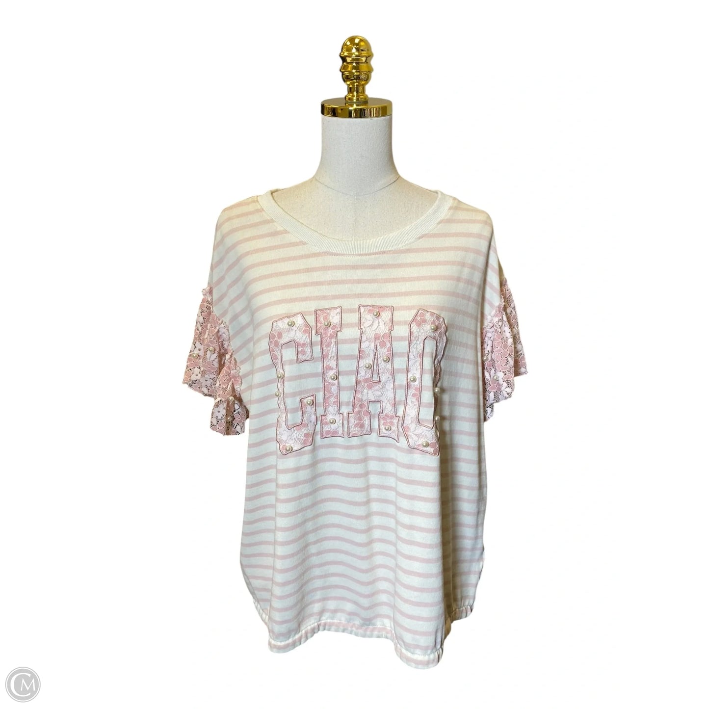 Top Short Sleeve By Fantastic Fawn In Cream & Pink, Size: L