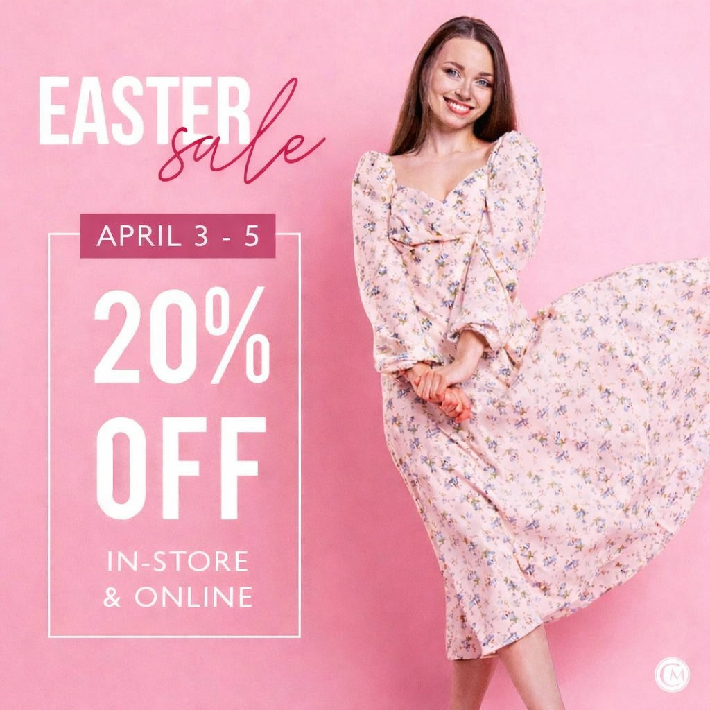 Woman in a floral dress on a pink background with Easter sale text.